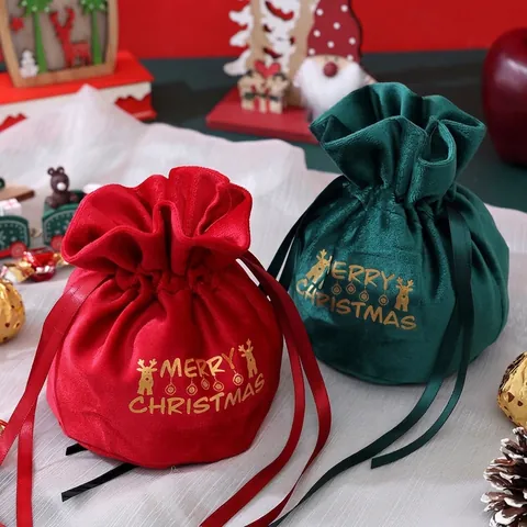 Velvet Christmas Gift Bags Drawstring Reindeer Pouch With Bow Bell Festive Apple Packaging Bags Holiday Party Decor