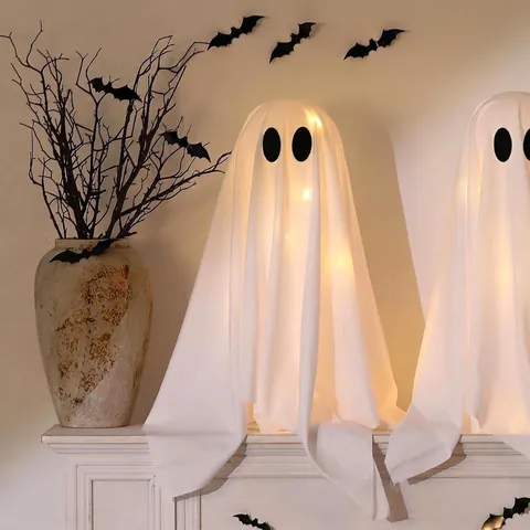 Halloween Glowing Ghost Decorations With LED String Lights Battery Operated Spooky White Satin Fabric Ornaments For Indoor Party Home Decor