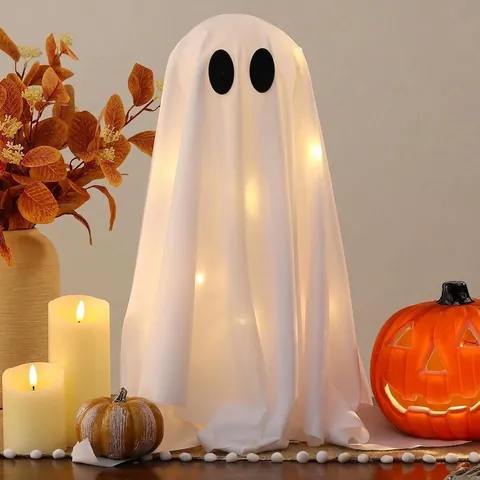 Halloween Glowing Ghost Decorations With LED String Lights Battery Operated Spooky White Satin Fabric Ornaments For Indoor Party Home Decor