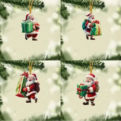 Santa Claus Acrylic Hanging Ornament Christmas Tree Decoration Gift Box Pattern Flat Pendant For Holiday Party Home Decor