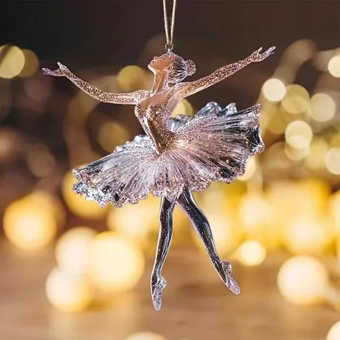 Pendentif de Sapin de Noël Plat en Acrylique Fille Ballerine Décoration Suspendue Renne à Paillettes pour Voiture Maison Fête