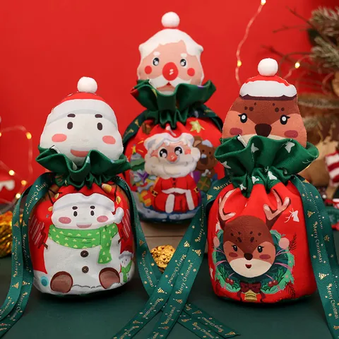 Sac Cadeau de Noël en Flanelle à Cordon Dessin Animé Père Noël Bonhomme de Neige Renne Motif Sac à Pommes pour Fête de Noël Rangement
