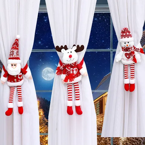 Christmas Curtain Buckles Santa Claus Snowman Reindeer Knitted Plush Tiebacks For Holiday Home Window Decoration Party Favors