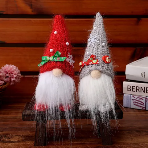 Christmas Gnome Rudolph Faceless Doll Knitted Hat Snowflake Pearl Bow Hanging Rudolph Ornament Xmas Home Window Decor Figurine