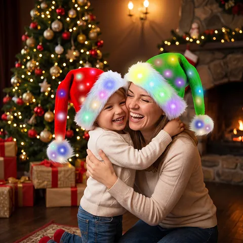 Gorro de Navidad LED de Felpa Larga con Luces Cálidas de Colores para Adultos Niños Decoración de Fiesta Gorro de Papá Noel