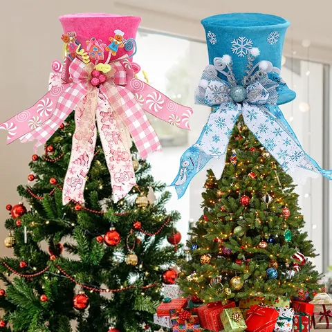 Retractable Christmas Tree Topper Hat With Gingerbread Man Bowknot Snowflake Printed Polyester Holiday Decoration Top Star Ornament