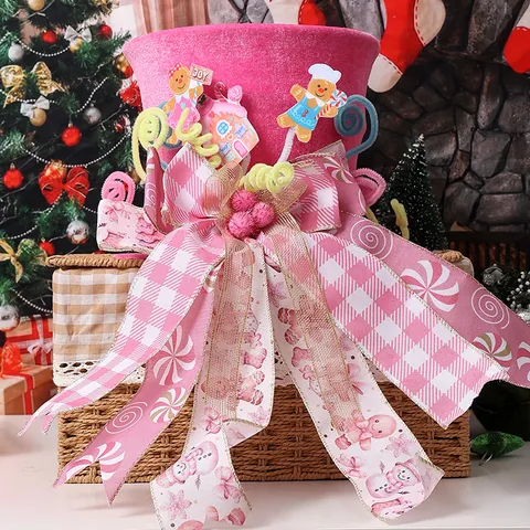 Retractable Christmas Tree Topper Hat With Gingerbread Man Bowknot Snowflake Printed Polyester Holiday Decoration Top Star Ornament