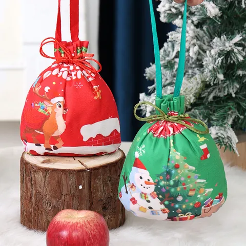Christmas Drawstring Gift Bag Cartoon Printed Polyester Candy Bag For Kids Santa Snowman Reindeer Holiday Party Favor Bag
