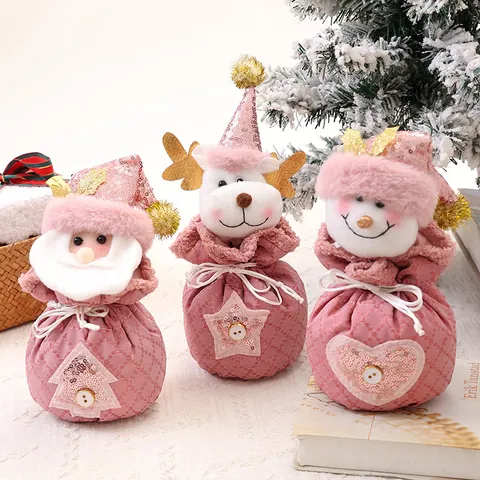 Pink Sequin Christmas Gift Bags Santa Claus Snowman Reindeer Drawstring Apple Packaging Bags Xmas Party Decor Handbag
