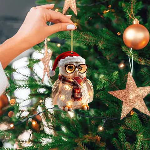 Cute Owl Christmas Tree Hanging Pendant Acrylic 2D Flat Printed Holiday Party Decor Ornament Gift For Apartment Home