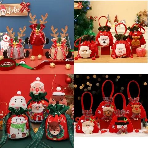 Kerstmis Cadeauzakje 3D Cartoon Kerstman Sneeuwpop Rendier Patroon Stoffen Zakje Met Trekkoord Voor Appel Snoep Decoratie