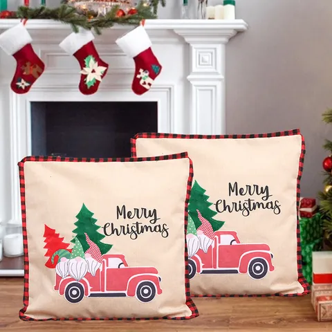 Merry Christmas Gnome Red Truck Pillowcase Buffalo Plaid Border Imitation Linen Throw Pillow Cover For Xmas Home Decor