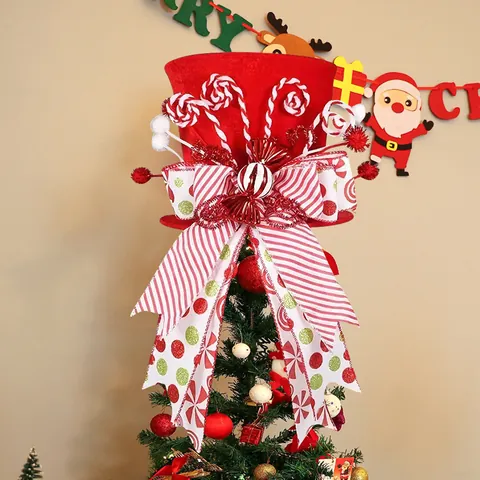 Red Christmas Tree Topper Hat With Large Bow Ribbon And Candy Decoration For Festive Home Party Tree Ornament Decor