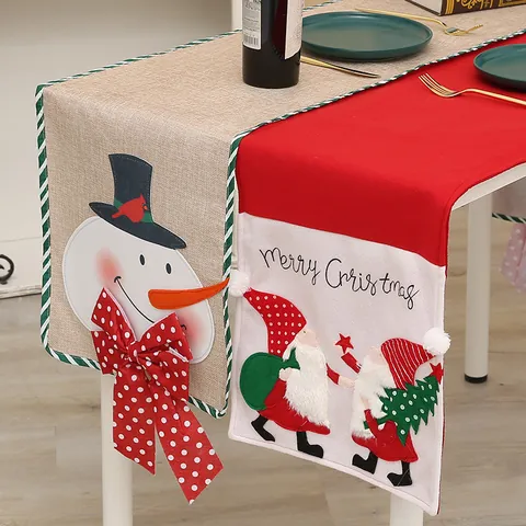 Kerst Tafelloper Kerstman Sneeuwpop Cartoon Applique Stof Tafelkleed Voor Kerstmis Feest Thuis Eetkamer Decoratie