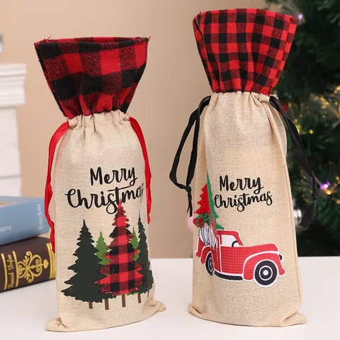 Christmas Burlap Wine Bottle Cover Red Plaid Drawstring Gift Bag Cartoon Christmas Tree Truck Pattern Festive Party Decor