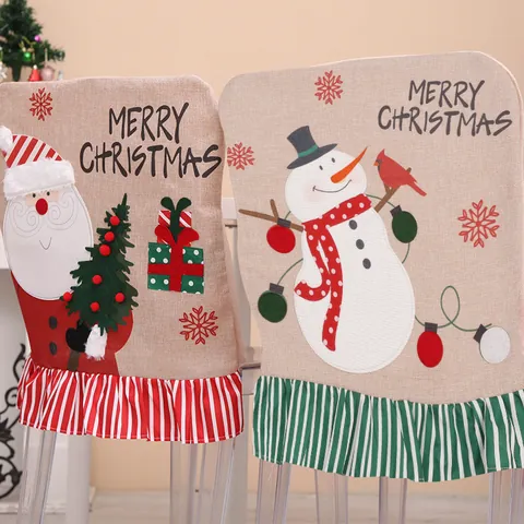 Christmas Chair Covers Cartoon Santa Claus Snowman Gnome Print Fabric Dining Chair Back Protector For Holiday Party Decor