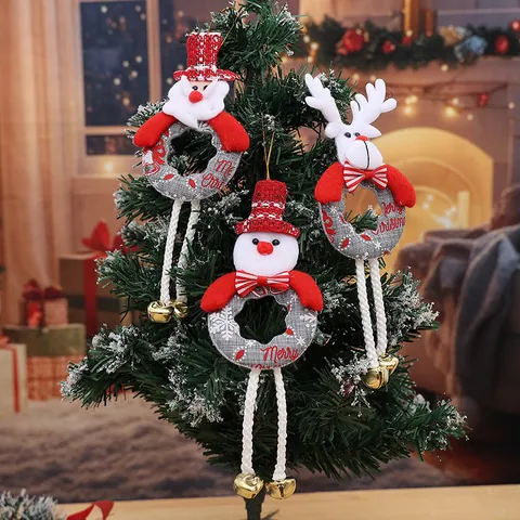 Christmas Tree Hanging Ornaments Cartoon Santa Snowman Reindeer Wreath With Gold Bells Long Legs Festive Decor