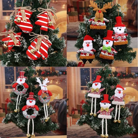 Christmas Plush Hanging Ornaments Cartoon Santa Claus Snowman Reindeer Knitted Dolls With Bells Sequin Burlap Festive Home Tree Decorations