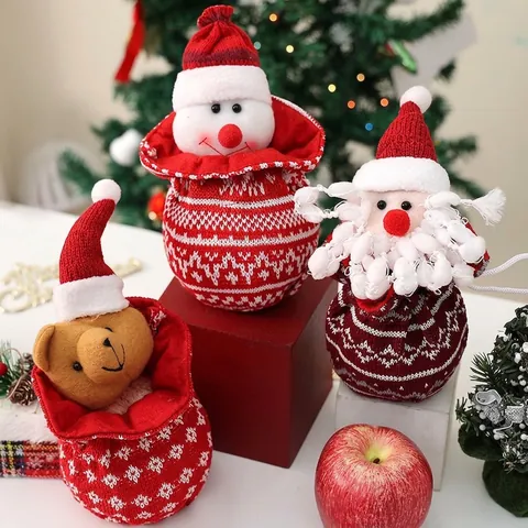 Creative Cartoon Knitted Christmas Gift Bags Santa Claus Snowman Reindeer Bear Drawstring Candy Bag Apple Gift Pouch For Xmas Party Favors Festive Decor