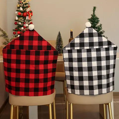 Christmas Buffalo Plaid Chair Covers Santa Hat Shape Chair Back Cover With White Pom-pom Buffalo Check Patterns For Home Party Dining Room Festive Decor