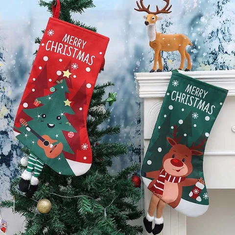 Christmas Stockings Decorations Santa Snowman Reindeer Pattern Polyester Gift Bags For Xmas Tree Home Party Hanging Ornaments