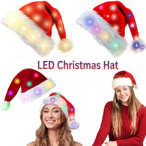 LED Glowing Santa Hat Long Plush Christmas Hat Red White Festive Holiday Party Decoration Costume Hat For Adult Kids