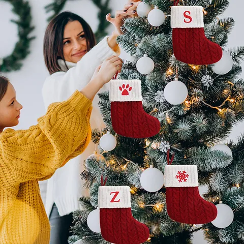 Christmas Cable Knit Stocking With Initial Red Alphabet Letter Embroidery Holiday Tree Hanging Decoration Snowflake Paw Pattern