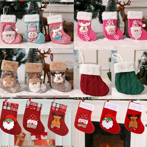 Christmas Mini Knitted Stockings Hanging Ornaments For Christmas Tree Decor Home Party Decor Polyester Knit Socks Gift Bags