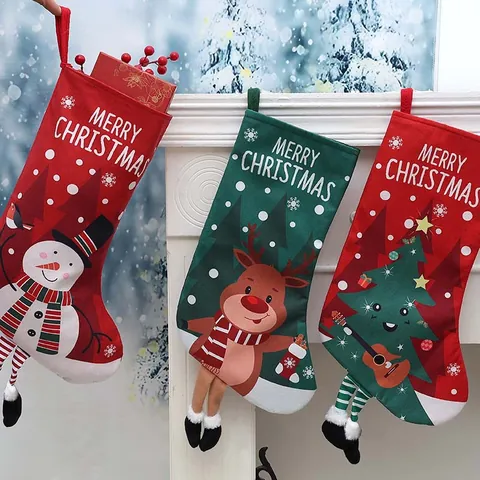 Christmas Stockings Decorations Santa Snowman Reindeer Pattern Polyester Gift Bags For Xmas Tree Home Party Hanging Ornaments
