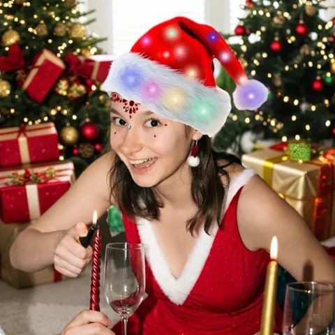 LED Glowing Santa Hat Long Plush Christmas Hat Red White Festive Holiday Party Decoration Costume Hat For Adult Kids