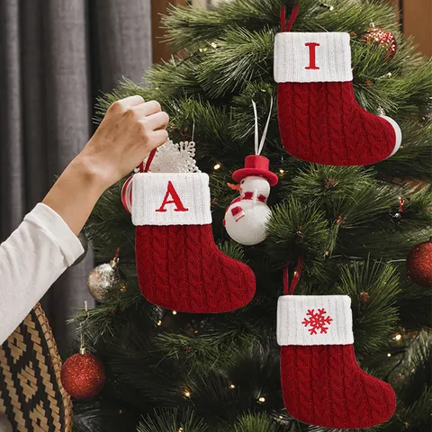Christmas Cable Knit Stocking With Initial Red Alphabet Letter Embroidery Holiday Tree Hanging Decoration Snowflake Paw Pattern