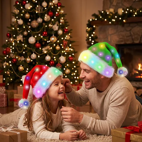 Gorro de Navidad LED de Felpa Larga con Luces Cálidas de Colores para Adultos Niños Decoración de Fiesta Gorro de Papá Noel