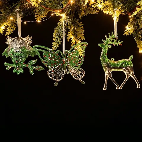Transparent Green Acrylic Christmas Hanging Ornaments Glitter Elk Snowflake Christmas Tree Pendant For Home Party Decor