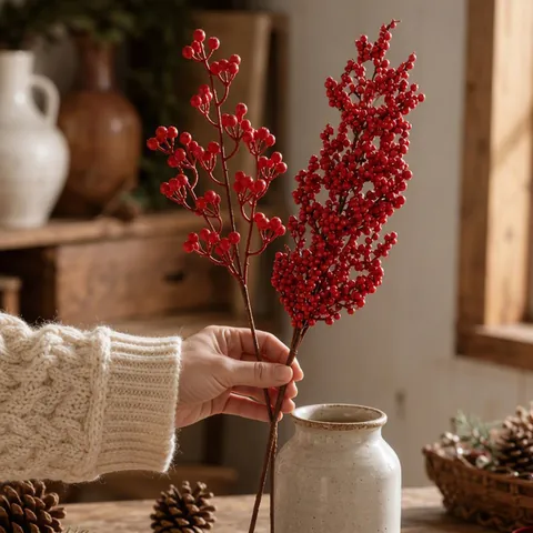 Steli di Bacche Rosse Natalizie Artificiali Ramo di Frutta Simulato per Decorazioni Tavola Casa Festa di Natale Fai-da-te