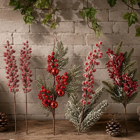 Steli di Bacche Rosse Natalizie Artificiali Ramo di Frutta Simulato per Decorazioni Tavola Casa Festa di Natale Fai-da-te