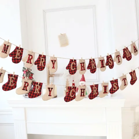 Banderole de Noël Plaid Tissu Non Tissé Guirlande Suspendue Pour Intérieur Maison Centre Commercial Fête Décorations