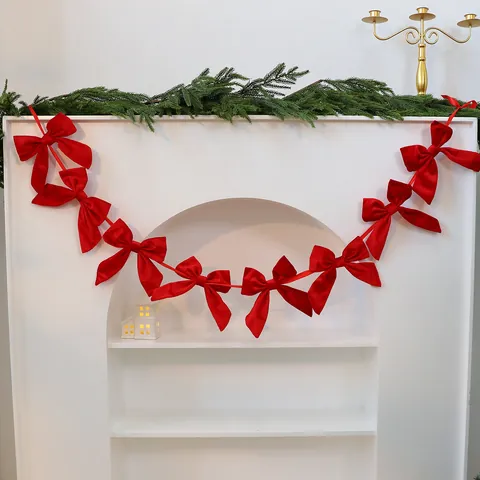 Red Flocking Velvet Christmas Bow Garland 180cm Long Ribbon Bowknot String For Christmas Tree Window Fireplace Decor