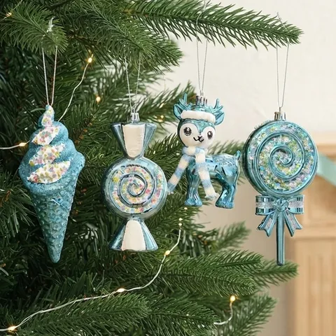ABS Electroplated Christmas Tree Ornaments Hanging Decorations Blue Gold Glitter Gingerbread Man Candy Reindeer Decor