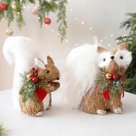 Handmade Straw Woven Christmas Animal Ornaments Fox Squirrel Deer Figurines Desktop Window Display Xmas Holiday Home Decor