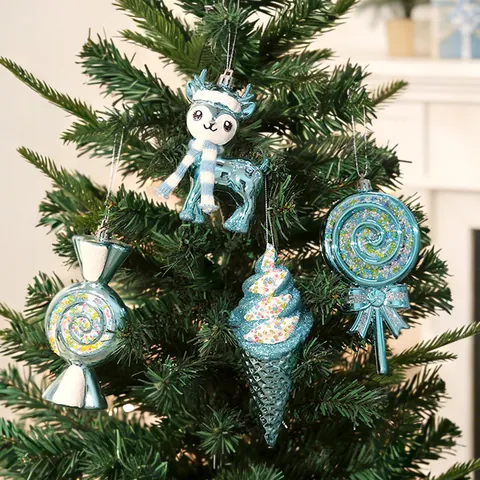 ABS Electroplated Christmas Tree Ornaments Hanging Decorations Blue Gold Glitter Gingerbread Man Candy Reindeer Decor