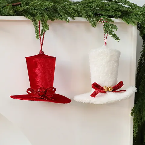 Christmas Drum Top Hat Hanging Ornaments Fabric Flocked Pendant Xmas Tree Ornaments For Scene Decoration Party Home Decor