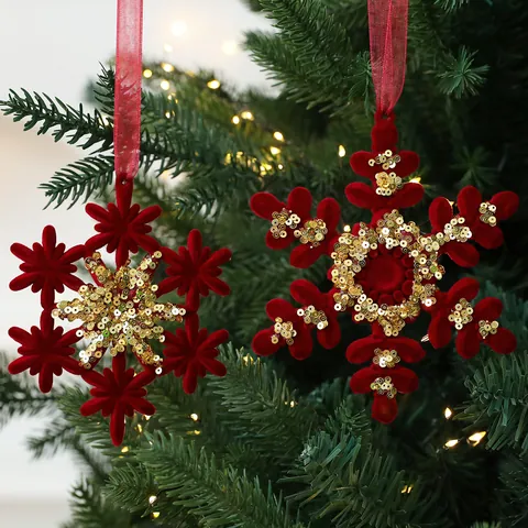 Red Flocked Christmas Hanging Ornaments Gold Sequin Reindeer Snowflake Butterfly Bow Luxury Holiday Tree Home Decorations