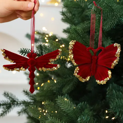 Red Flocked Christmas Hanging Ornaments Gold Sequin Reindeer Snowflake Butterfly Bow Luxury Holiday Tree Home Decorations