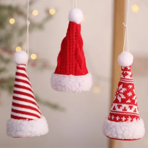 Weihnachten Strick Mini Hüte Ornamente Schneeflocke Gestreift Festlich Weihnachtsmann Hut Hängende Dekorationen Für Tannenbaum Party