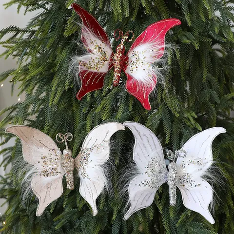 Christmas Simulation Butterfly Ornament Flannel Sequin Feather Glitter Butterfly Pendant For Xmas Tree Decor Festival Hanging Home Party Decoration