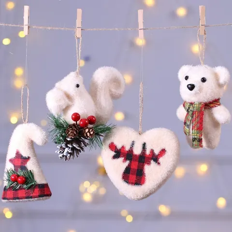 Christmas Hanging Ornaments Foam Faux Fur Snowman Reindeer Bear Squirrel Shape With Buffalo Plaid Bow For Tree Decoration