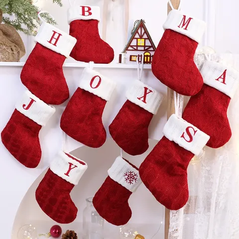Knitted Christmas Stocking Mini Xmas Tree Hanging Ornament With Red White Alphabet Snowflake Embroidery DIY Holiday Decor