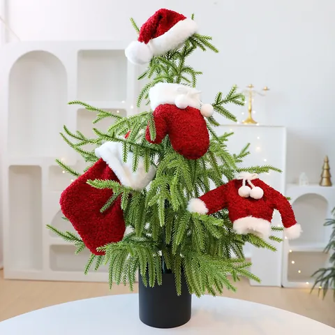 4 Stuks Kerst Hangdecoratie Set Pluche Mini Trui Hoed Sok Handschoen Rood Wit Ornament Voor Kerstboom Huis Decoratie