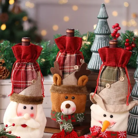 Juego Fundas para Botellas de Vino de Navidad Gnome Papá Noel Renno Muñeco de Nieve Bolsa para Botellas de Vino Decoración Mesa Fiesta Navidad Juego Bolsas Regalo