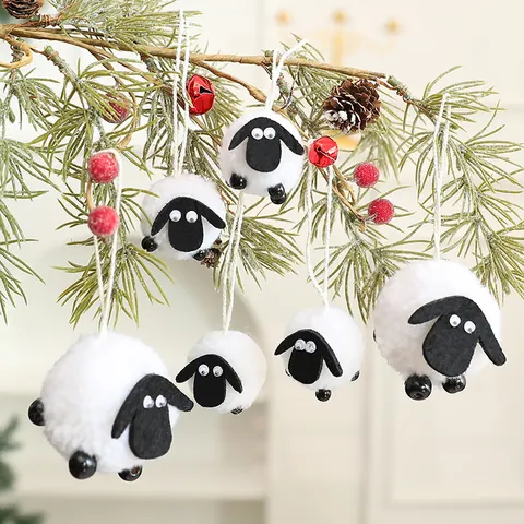 Wolvilt Lam Hangen Ornamenten Schaap Pompon Decoratie Voor Pasen Kerstboom Festival Feest Decor Wit Zwart